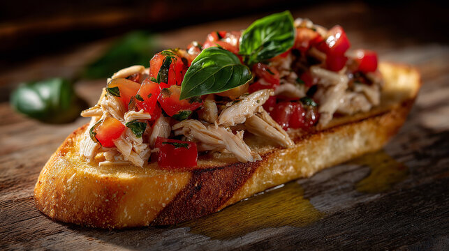 toasted baguette topped with shredded chicken, tomato salsa, basil leaf, olive oil drizzle - Powered by Adobe