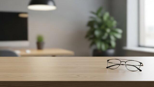 Eyeglasses resting on wooden desk in modern office with plant and ambient lighting