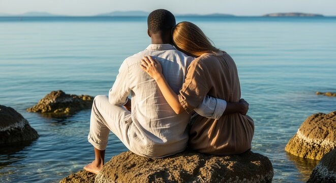 Rear view of an interracial couple embracing on a rock by the sea. Man and woman enjoying a quiet moment together on a summer vacation. Love and diversity in a relationship