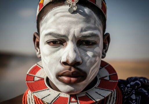 Portrait Of A Young African Masai With White Face Paint And Colorful Bead Necklace