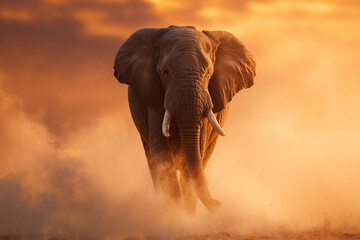 Obraz premium Wildlife photography: Elephant emerging from thick, backlit orange dust in savanna landscape.