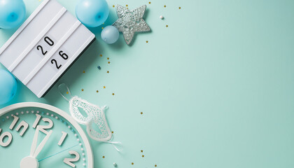 Celebrate the 2026 New Year with festive decorations, clock striking midnight, balloons, and a party mask for a joyful and exciting occasion