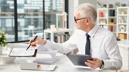 Experienced senior businessman in white shirt working at modern office desk, holding digital tablet and pen. Focused on documents and digital technology in bright workspace. - Powered by Adobe