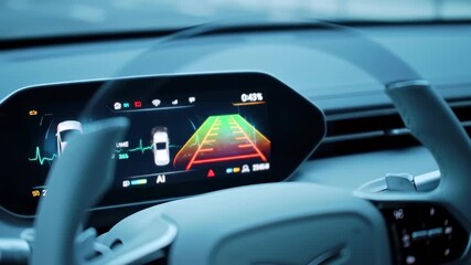 Auto interior display shows a road view and car, with a steering wheel in foreground, bathed in soft blue tones