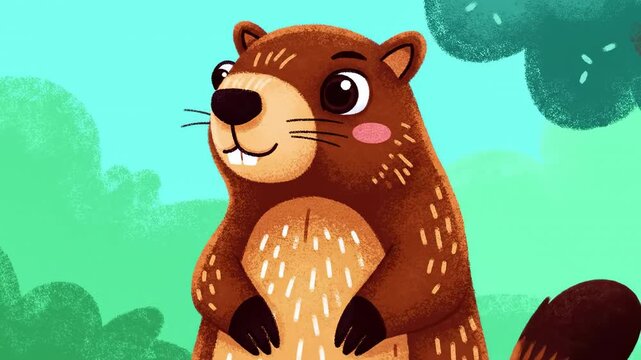 Animated brown beaver with big eyes, pink cheeks and buck teeth, standing in front of green bushes and blue sky