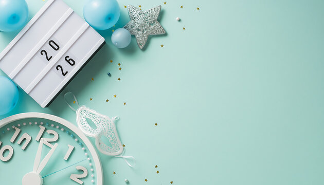 Celebrate the 2026 New Year with festive decorations, clock striking midnight, balloons, and a party mask for a joyful and exciting occasion