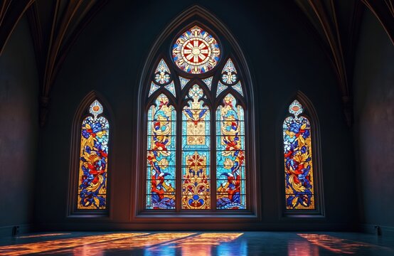 Stained glass windows inside gothic church illuminate interior with colorful light. Arched windows feature ornate designs casting patterns on stone floor. Ancient religious architecture provides
