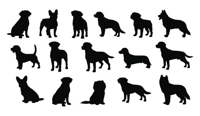 Collection of various dog breed silhouettes on a white background Vector