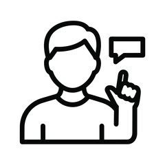 Outline illustration of a person pointing upwards with a speech bubble, symbolizing advice, idea, or question