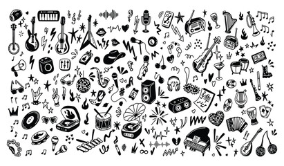 Vibrant hand-drawn music instruments and party elements doodle pattern. Vector