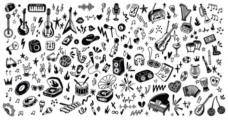 Hand-drawn music symbols and instruments doodle pattern illustration Vector