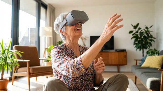 Joyful senior woman experiencing virtual reality technology at home, laughing and interacting with digital worlds.
