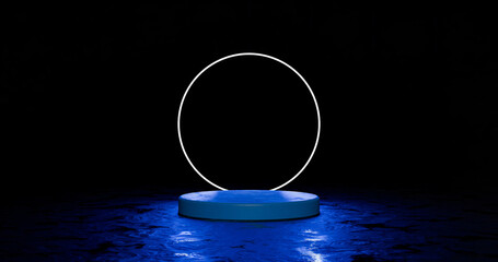 Modern 3D Blue Podium with Bright Neon Ring and Reflective Floor &ndash; Sci-Fi Display Concept