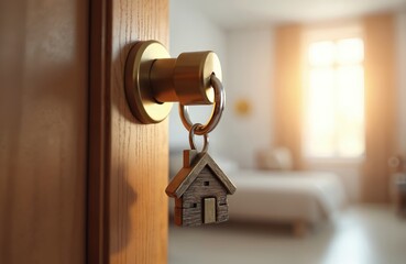 Golden key with small house keychain hangs on open wooden door handle. Bright room visible in background through doorway. New home, property, real estate investment, first time home ownership,