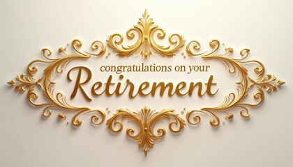 Golden Congratulations on Retirement text shows elegant script typography. Ornate decorative frame with baroque scrollwork surrounds message. Luxurious 3D rendered gold design for special