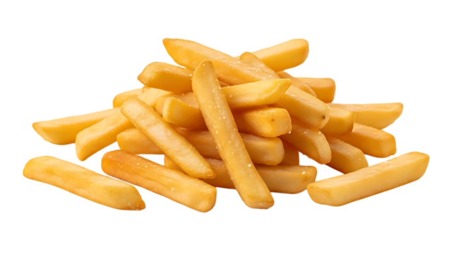 Pile of golden french fries delicious and crispy snack isolated on transparent background for easy design integration