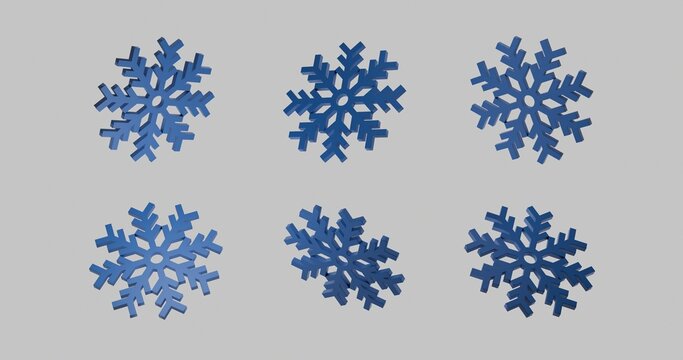 Six Blue 3D Snowflake Symbols Arranged in Grid &ndash; Winter Decoration and Christmas Graphics