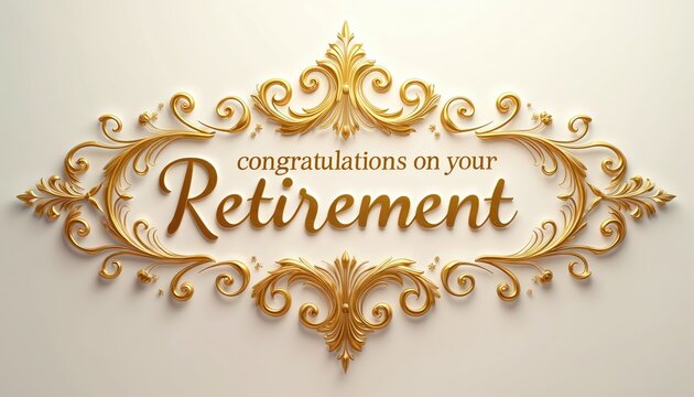Golden Congratulations on Retirement text shows elegant script typography. Ornate decorative frame with baroque scrollwork surrounds message. Luxurious 3D rendered gold design for special