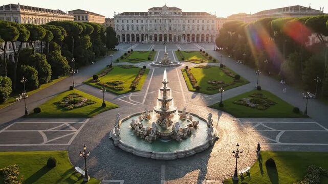 Majestic Fountain and Gardens - A Serene Urban Oasis.