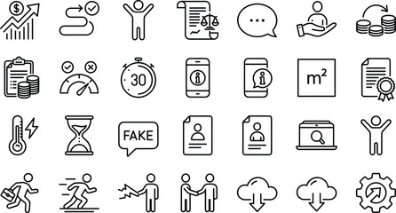 Line icons for business, productivity, legal, digital actions, finance, communication, vector, flat, minimal, black, white, clean, modern