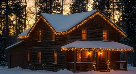 Cozy log cabin decorated with christmas lights in winter