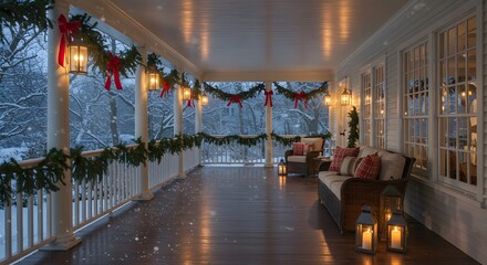 Cozy winter porch decorated for christmas with snow falling