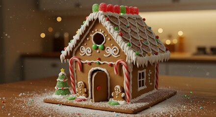Decorated gingerbread house with icing and candy