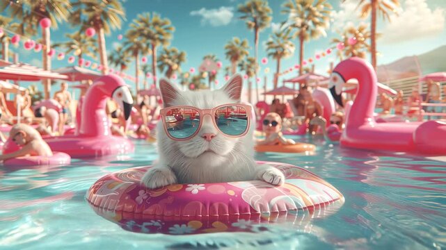 Cool White Cat Relaxing on Pool Float at Vibrant Summer Party