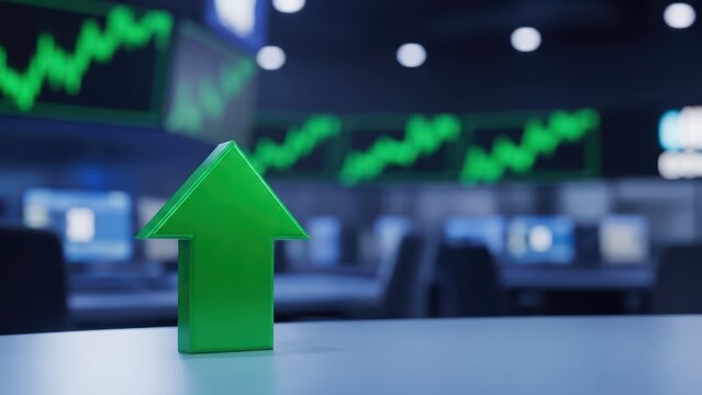 Green arrow indicating stock market growth in busy trading room