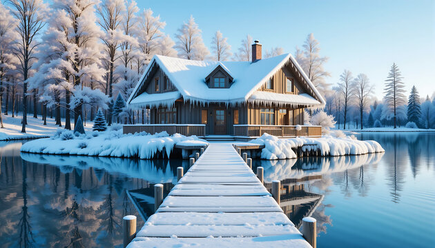 Cozy log cabin on a frozen lake surrounded by snow covered trees