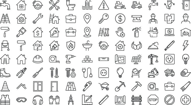 Line icons for construction, tools, safety gear, plumbing, electrical, home improvement, UI, vector, flat, minimal, black, white