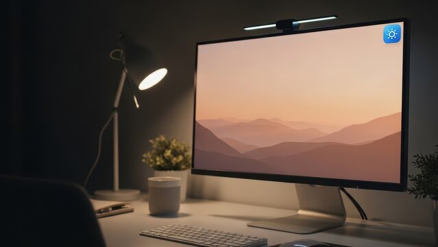 Modern desk setup with desktop computer and lamp in dimly lit workspace
