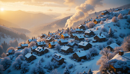 Cozy mountain village covered in snow at sunset