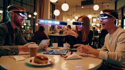 Young friends wearing virtual reality headsets explore metaverse interfaces and immersive digital experiences while socializing at a modern restaurant table, sharing interactive tech moments - Powered by Adobe