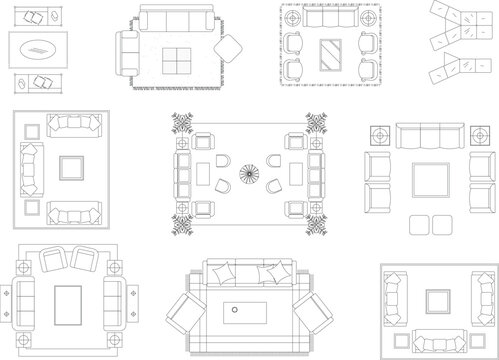 Living room furniture arrangement floor plans and interior design layouts, blueprints, customizable stroke, vector, illustration