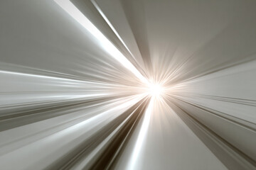 Abstract light streaks in a modern tunnel; data transmission, speed, and technology concept.