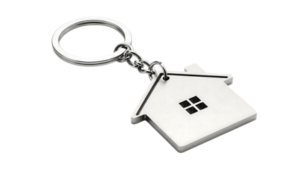 House shaped keychain with ring symbolizing home ownership and real estate isolated on transparent background