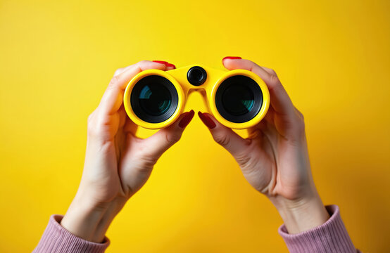 Female hands grip yellow binoculars against bright background. Image represents exploration, desire to observe distant objects. Minimalist composition conveys curiosity, focused vision for future