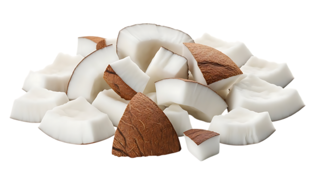 Pile of fresh coconut chunks with brown shell pieces isolated on transparent background for healthy eating and cooking