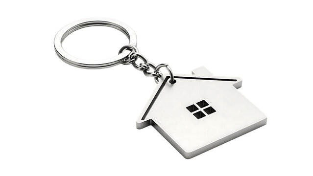 House shaped keychain with ring symbolizing home ownership and real estate isolated on transparent background