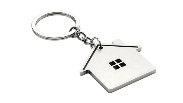 House shaped keychain with ring symbolizing home ownership and real estate isolated on transparent background
