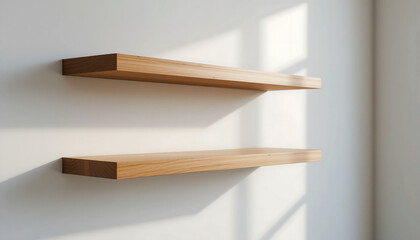 Two modern wooden floating shelves mounted on a white wall with natural light