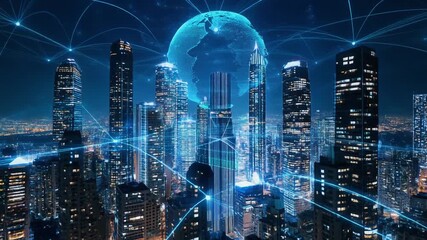 Futuristic Smart City Skyline with Global Network Connectivity and Digital Data Lines - Powered by Adobe
