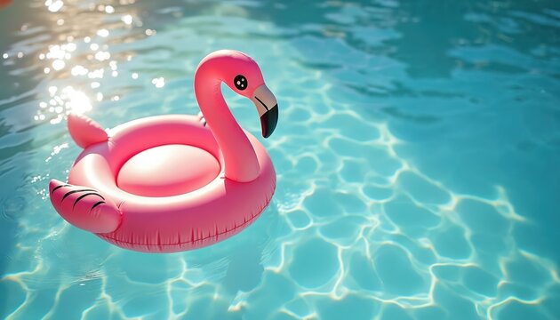 Pink inflatable flamingo floats on bright sparkling pool water surface. Sunny summer day, aquatic leisure fun, vacation relaxation. Toy bird enjoys poolside. - Powered by Adobe