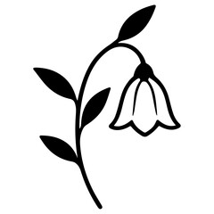 Minimalist black silhouette of a drooping bell-shaped flower on a curved stem with simple leaves, a clean botanical icon for nature-themed designs and decor.