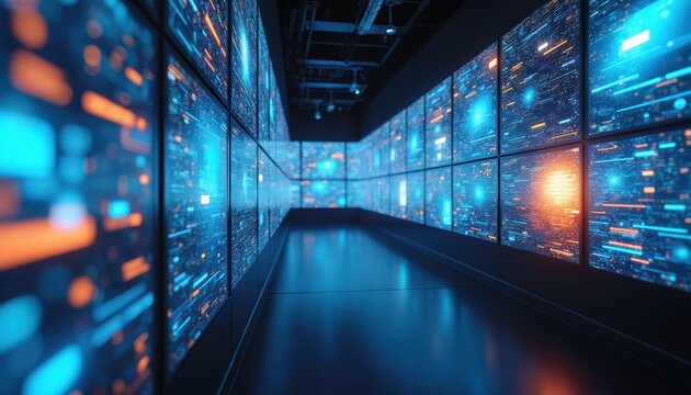 Modern digital data room with glowing screens showing abstract code. Futuristic server hall with multiple monitors displaying network information.