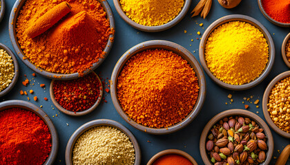Colorful assortment of spices and herbs in bowls overhead view