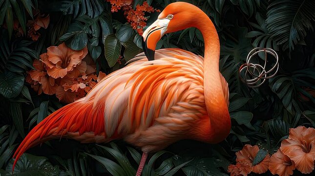 A flamingo with vibrant orange plumage set against lush tropical foliage