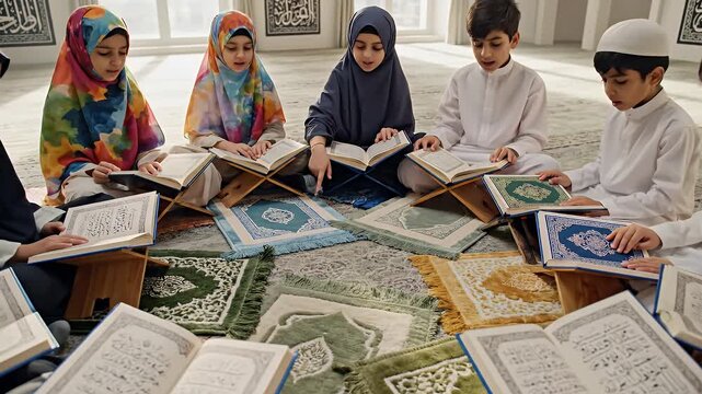 Young Muslim Children Studying the Holy Quran in a Mosque.