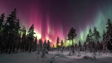 Vibrant Aurora Borealis: Snowy Winter Forest Night Sky
